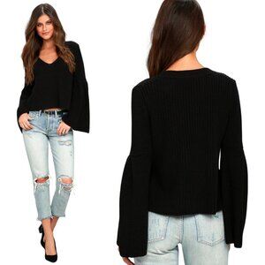 Free People Damsel Cropped Bell Sleeve V-Neck Sweater Women's Small Black Knit